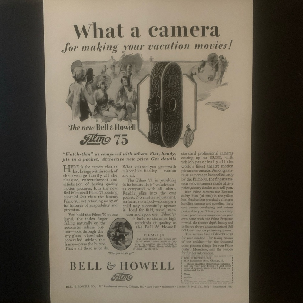 Vintage 1928 Bell & Howell Filmo What A Camera Ad Advertisement